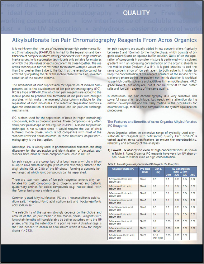 Alkylsulfonate lon Pair Chromatography Reagents From Acros Organics